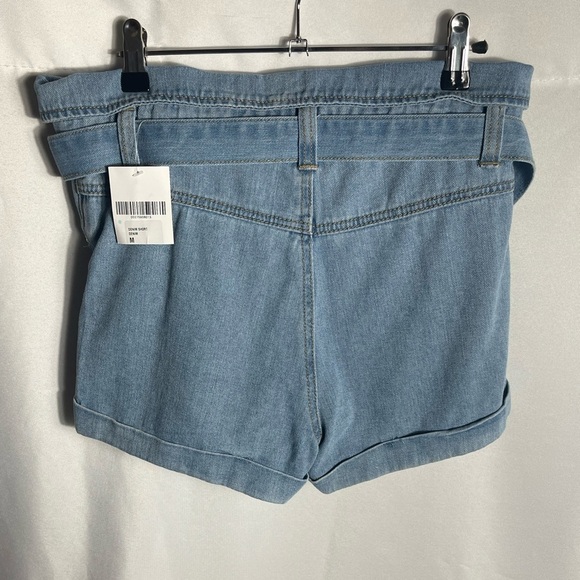 Forever 21 Denim Crossover Belted High Waist Shorts Medium Blue Jean Fold Hem - Picture 8 of 9